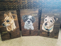 Small Rustic Wooden Leash Hook - Custom Dog Portrait - Personalized Dog Painting Collar Hanger - Puppy Portrait Leash Hook